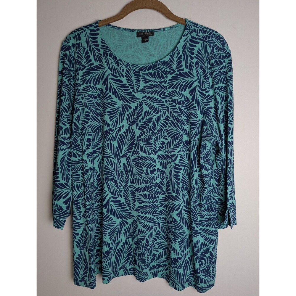 J. Jill Wearever Collection Tropical Leaf 3/4 Sleeve Tunic Top Green Blue Size M